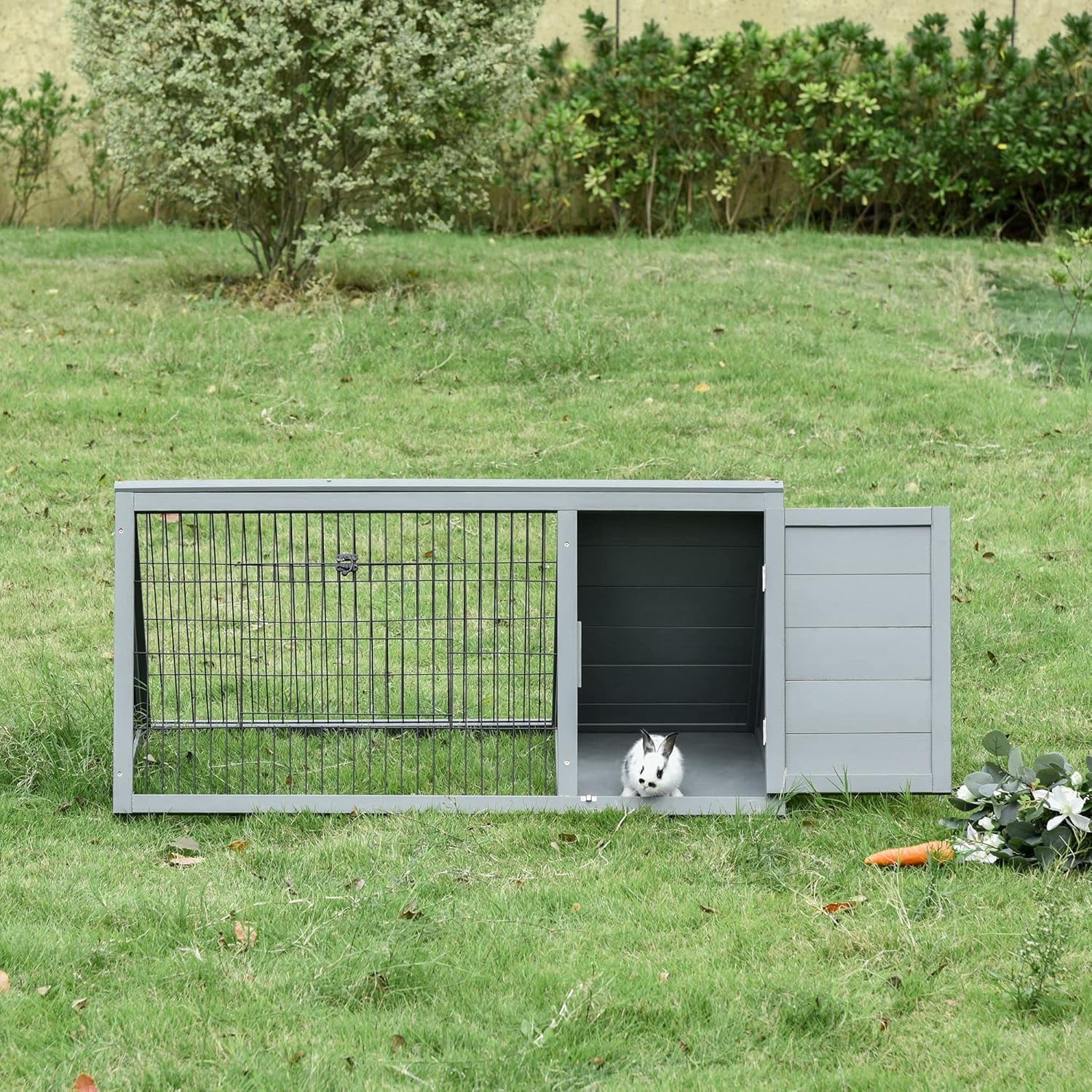 WSWJY 46" x 24" Wooden A-Frame Outdoor Rabbit Hutch, Small Animal Cage, Bunny Hutch with Outside Run & Ventilating Wire, Gray