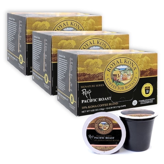 Royal Kona Coffee Mountain Roast, 10% Kona Blend, Single-Serve Coffee Pods - 12 Count Box (Pack of Three)
