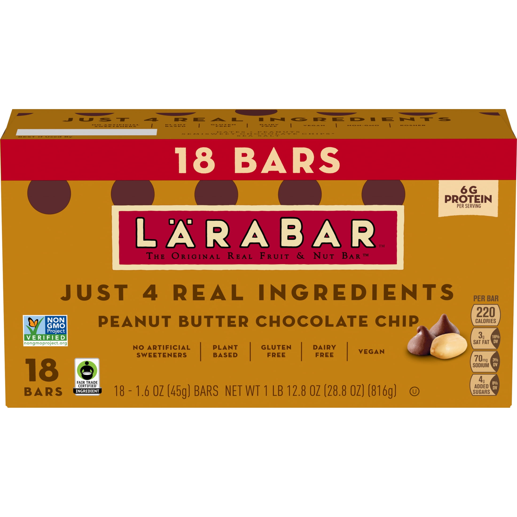 (4 pack) Larabar Peanut Butter Chocolate Chip, Fruit and Nut Bars, Gluten Free, Vegan, 18 Count, 28.8 oz