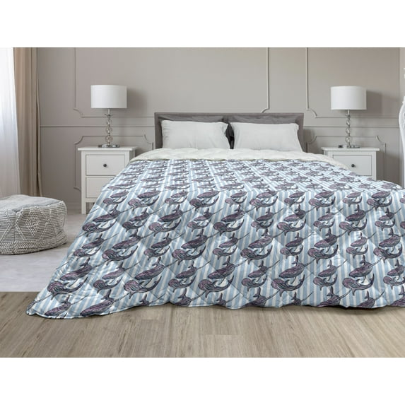 Whale Down Alternative Comforter, Hand Drawn Marine Fauna and Flora Sketch Abstract Seaweeds and Whales, Microfiber Quilt for All Season, 5 Sizes, Indigo Sea Green Blue, by Ambesonne
