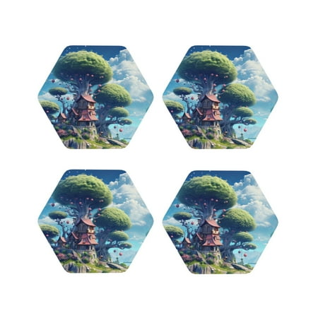 

Coasters Set of 4 - Fantasy Treehouse Planet Scene Drink Coasters for Tabletop Protection Leather Coasters for Living Room Decor and Housewarming Gift Hexagon