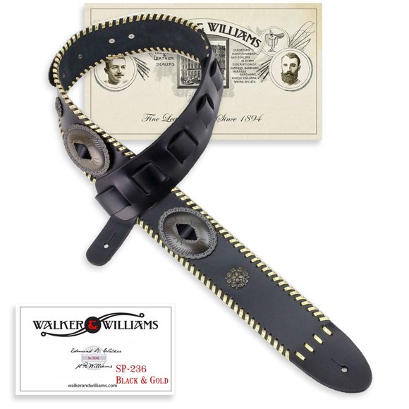 Walker & Williams SP-236 Black Thick Italian Grain Leather Guitar Strap with Conchos & Gold Trim For Acoustic, Electric, And Bass Guitars