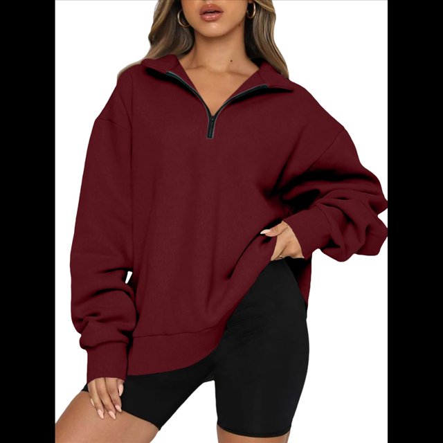 Sudadera de Entrenamiento de con Media Cremallera para Mujer, de Gran Tamaño, de Larga, Color Liso, con Hombros Caídos. Vino Tinto L