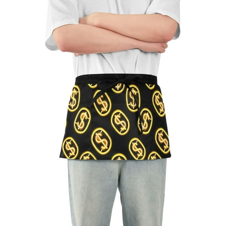 

Server Apron with 3 Pockets Waterproof Waitress Waist Short Apron for Man Woman Dollar Sign 12 Inches