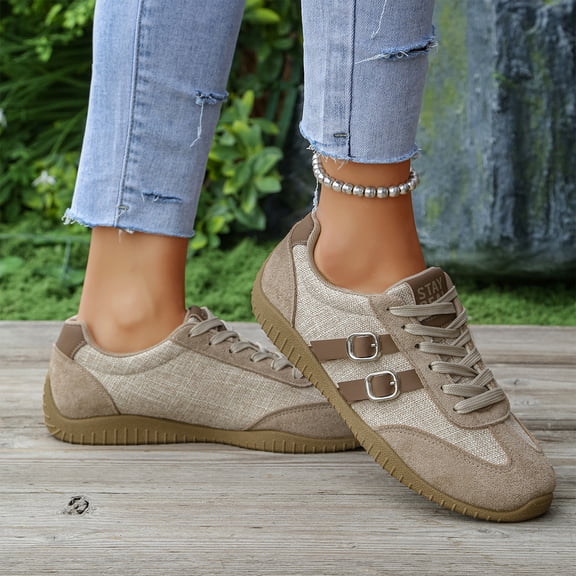 HTHLVMD Gum Sole Casual Sneakers, Orthopedic Shoes for Women, Sneakers for Women, Vintage Inspired Athletic Shoes, Women's Retro Lace-Up Sneakers, Buckle Detail Casual Athletic Shoes, Beige 5.5