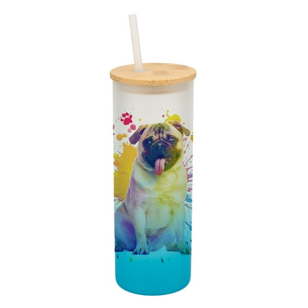 

100 North 25 Ounce Frosted Glass Gradient Travel Tumbler With Straw & Wooden Lid Pug Dog Paint Splatter Sky Blue
