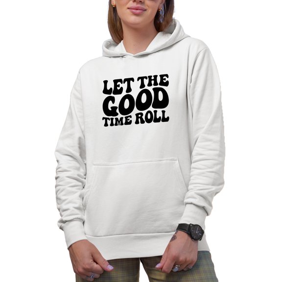 Let the Good Time Roll, Groovy Retro Wavy Text Merch Gift, White Hooded Sweatshirt or Hoodie, Small