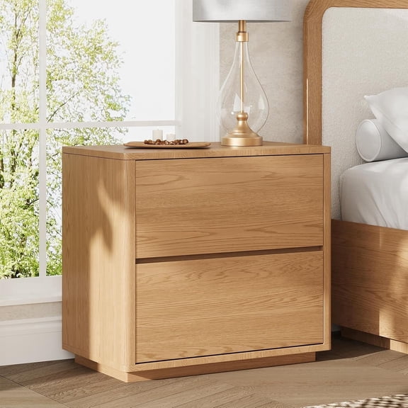 Catrimown Natural Oak Nightstand, 26 Inch Curved Night Stand with 2 Drawers, Wood End Table for Bedroom Living Room