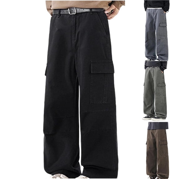FRSASU Wide Leg Cargo Pants for Men Stretch Cotton Loose Versatile Athletic Hiking Pants with Pockets Dark Gray