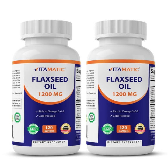 2 Pack Vitamatic Flaxseed Oil 1200mg 120 from Cold Pressed Flax Seed - 675 mg of ALA Omega 3 Fatty Acids for Improving Heart Health