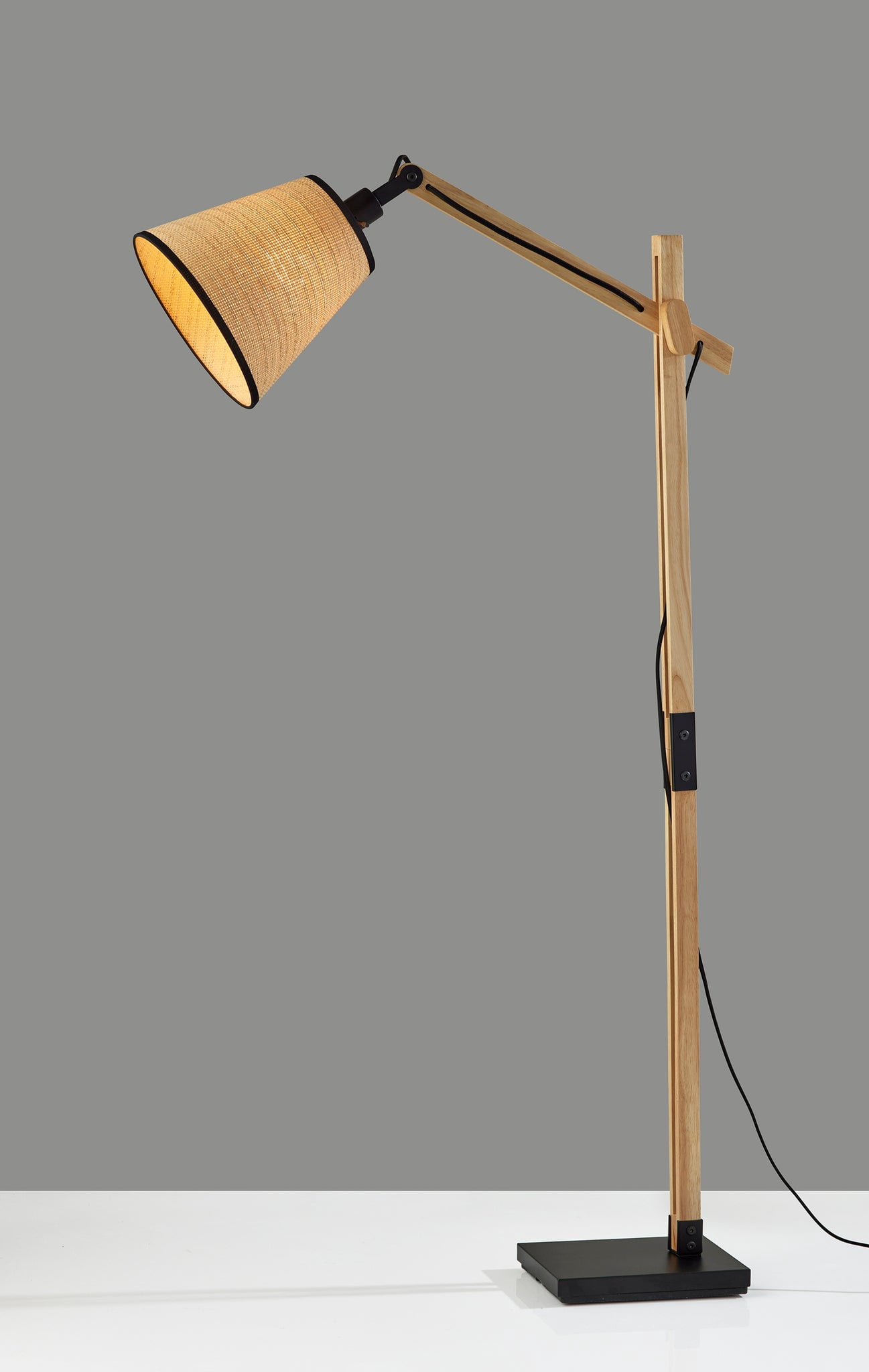 Adesso Walden 29.13" Industrial Adjustable Height Black Metal & Natural Wood Standard Lamps Floor Lamp with Black Metal & Natural Wood Shades
