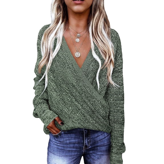 HOTAPEI Elegant Sweater for Women Deep V Neck Jumper Long Sleeve Pullover Sweaters Knitted Wrap Tops