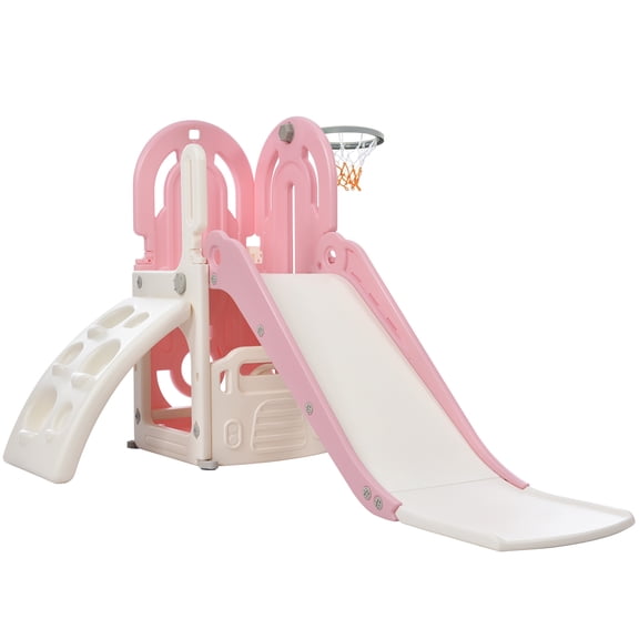 4 in 1 Toddler Climber and Slide Set with Basketball Hoop,Kids Climber & Bus Playhouse Slide Playset,Pink