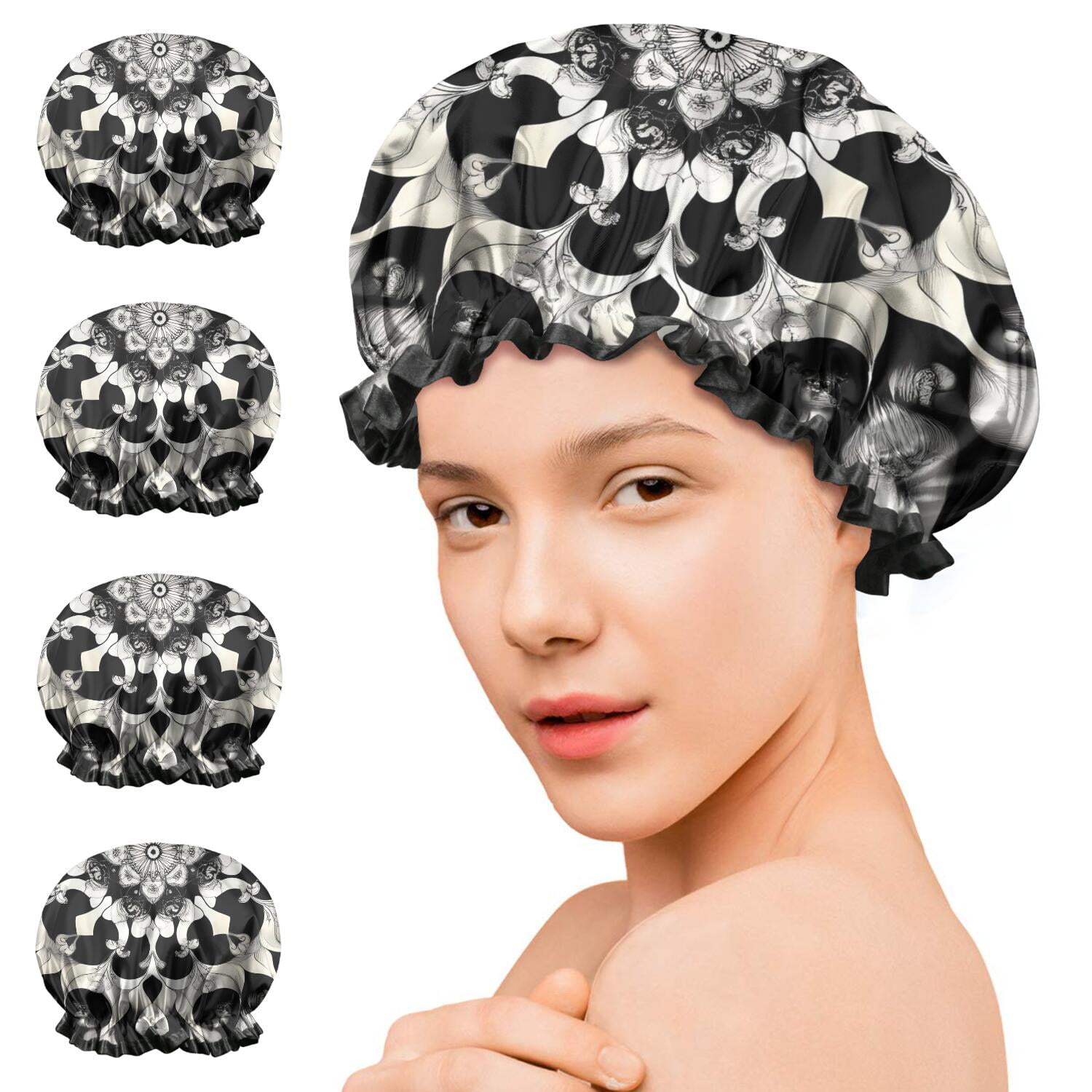 Shower Caps,Black White Tie Dye Mandala Pattern Waterproof Shower Cap for Women 4 Pieces,Double Reusable Hair Cover for Shower PEVA Elastic Stretch Hem