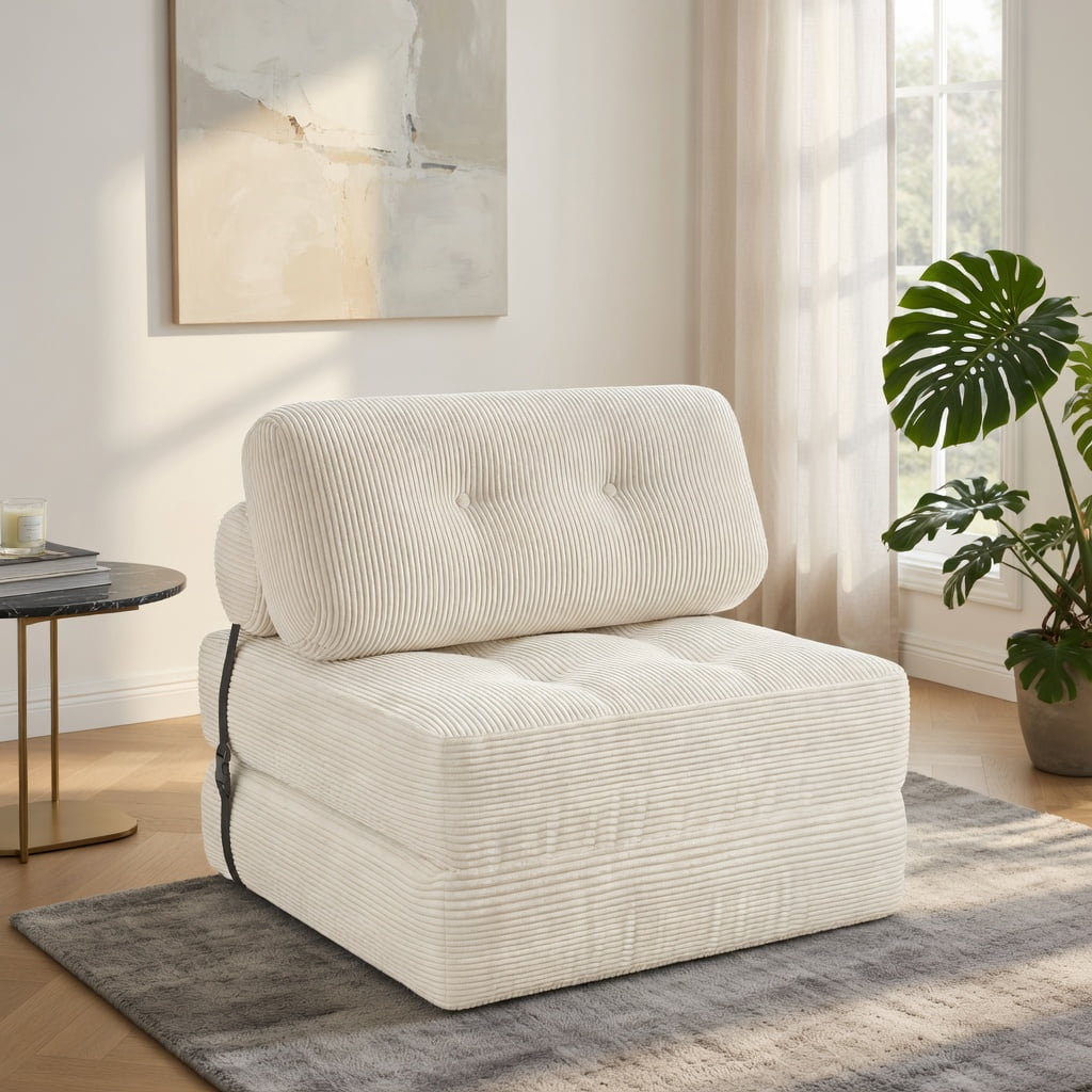 Hommoo 3-in-1 Folding Sofa Bed with Pillow & Back Support, Corduroy Upholstered Convertible Loveseat for Living Room, Guest Room, Beige
