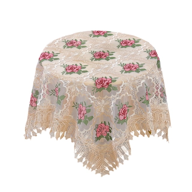 SIYTUAU Coffee Color Tablecloth Household Linen Blend Square 35.43 X 35.43 Inches Coffee Table Cover Anti-Slip Embroidery Lace Protector Coffee