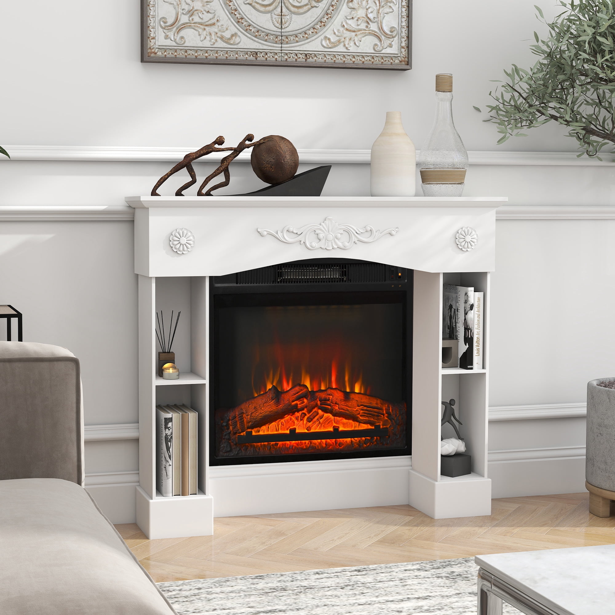 HOMCOM Baroque Fireplace Mantel, Freestanding Fireplace Surround for Electric Fireplaces, with Leg, 45.3" W x 39.4" H, White