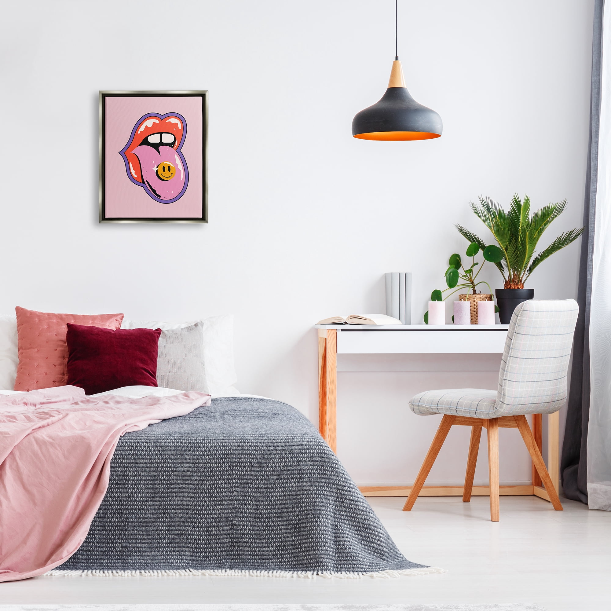 Stupell Industries Retro Lips with Smiley Abstract Painting Gray Floater Framed Canvas Art Print Wall Art, 17 x 21