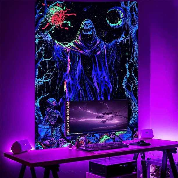 Tapiz de calavera con luz negra, tapices reactivos a los rayos UV, sol y luna, tapiz de esqueleto de mago gótico, tapiz de bruja colorido, tapiz de árbol vertical hippie para dormitorio (73x 95CM