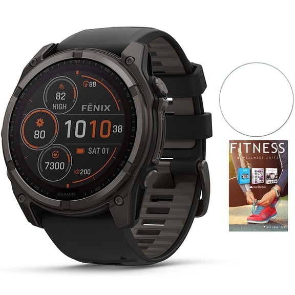 Garmin 010-02906-10 Fenix 8 47 mm Solar Sapphire Carbon Gray DLC Titanium with Black/Pebble Gray Bundle with Tech Smart USA Fitness & Wellness Suite and Round Tempered Glass Screen Protector