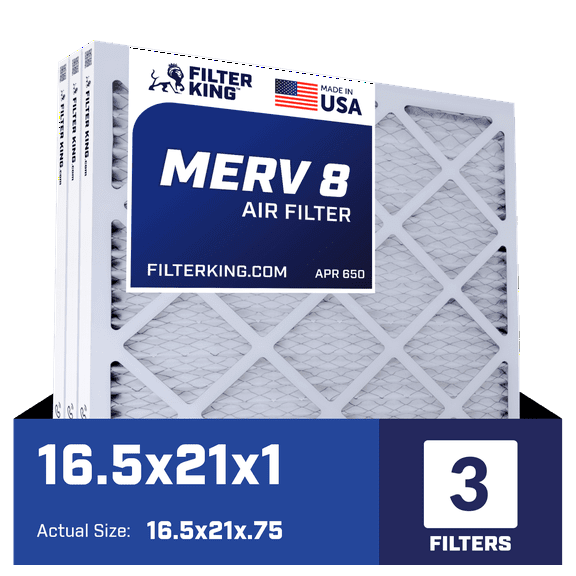 Filter King 16.5x21x1 Air Filter | 3-PACK | MERV 8 HVAC Pleated A/C Furnace Filters | MADE IN USA | Actual Size: 16.5 x 21 x .75"