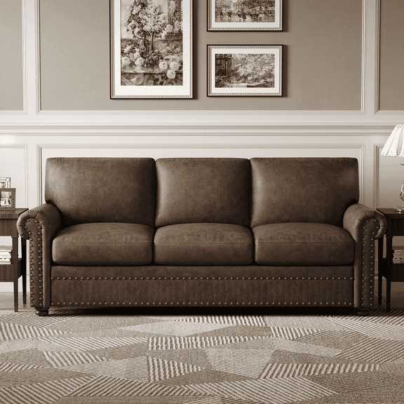 ROGALIS 84" Faux Leather Sofa, Nailhead Couch with Rolled Arms, Brown