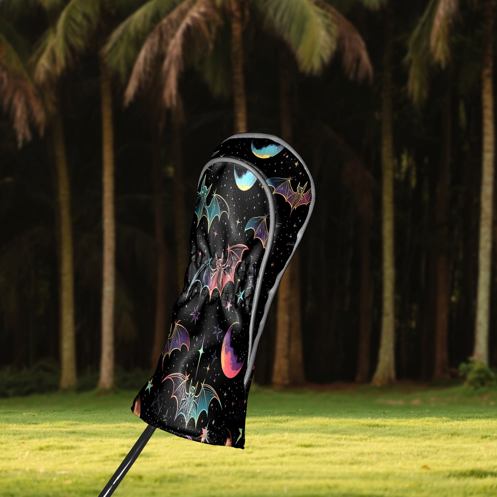 Golf Club Head Covers - Galaxy Purple Bats Design, Premium PU Leather Driver Hybrid Headcovers with Velvet Lining, Waterproof Golf Gifts for Men Women