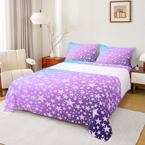 Manfei Purple Stars Kids Twin Sheet Sets, Dreamy Cartoon Twin Fitted Sheet, Mystic Starry Sky Flat Sheet, Luxury Bedroom Decor, 3 Pieces