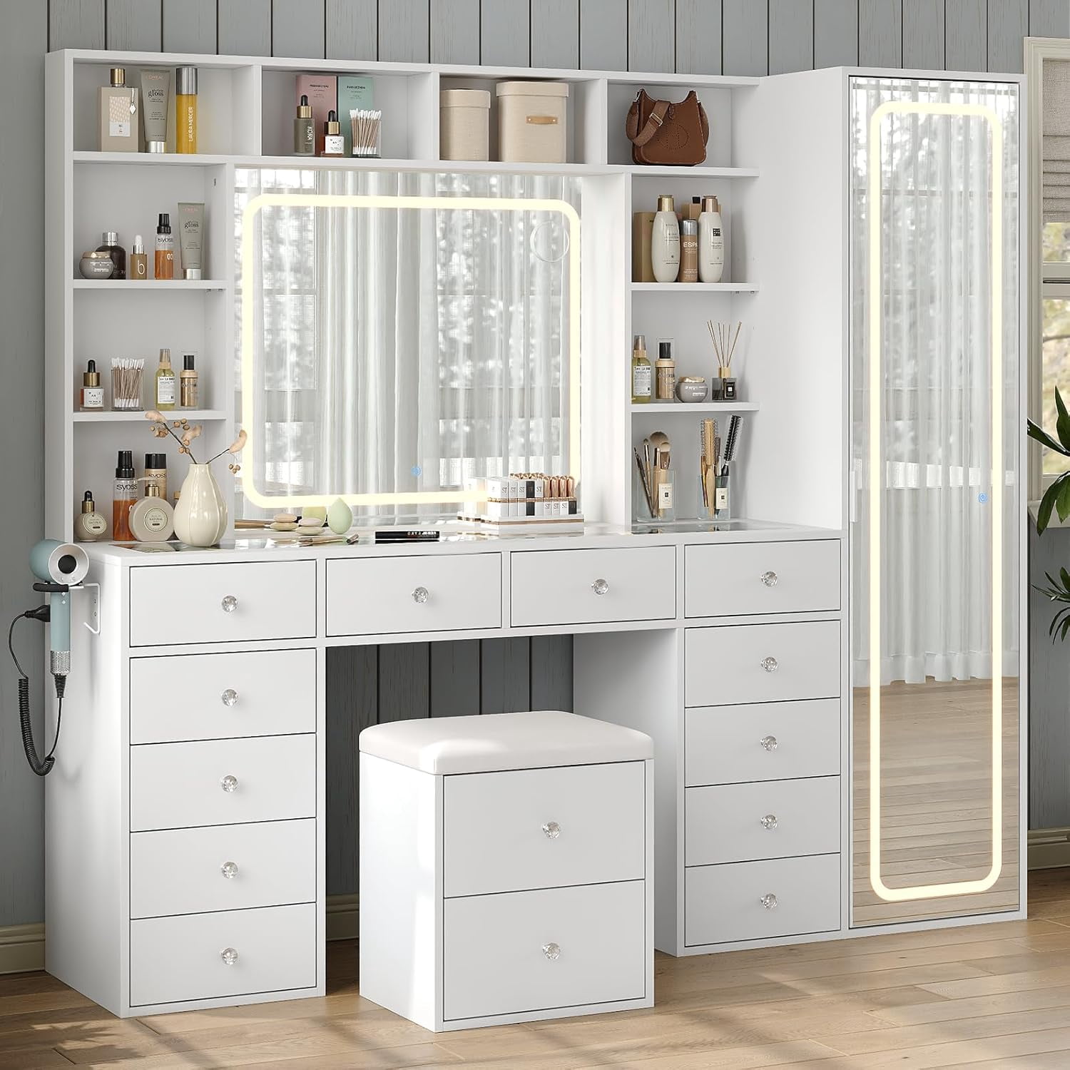 Vanity Desk Full Length Mirror & LED Mirror with Power Outlet, Makeup Vanity 14 Drawers & 10 Shelves, Hidden Storage Capacity, Dimmable & 3 Color Lighting Dressing Table for Bedroom, White