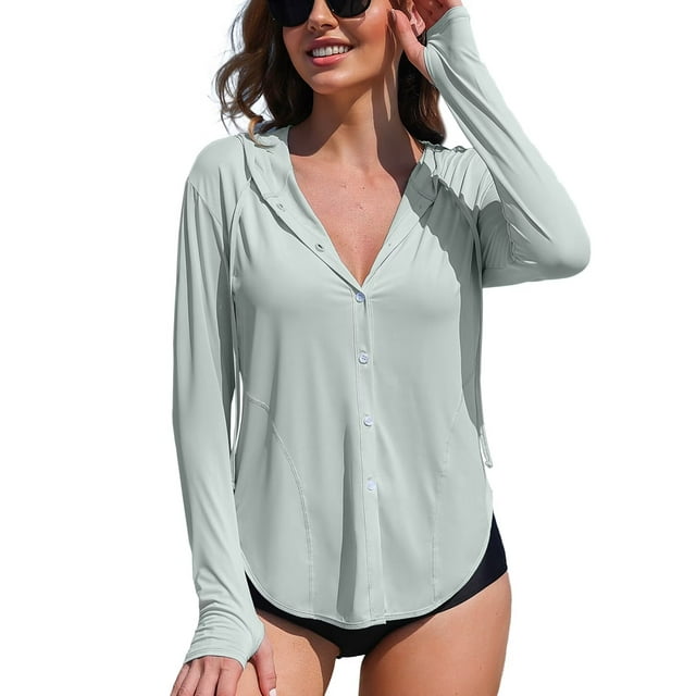 Charmo Women's Hooded Long Sleeve Rash Guard UPF 50+ Zipper Swimwear Shirts with Pockets
