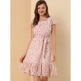 thumbnail image 3 of Vestido midi Allegra K con Cinturón cuello cuadrado Rosa Blanco L, 3 of 6