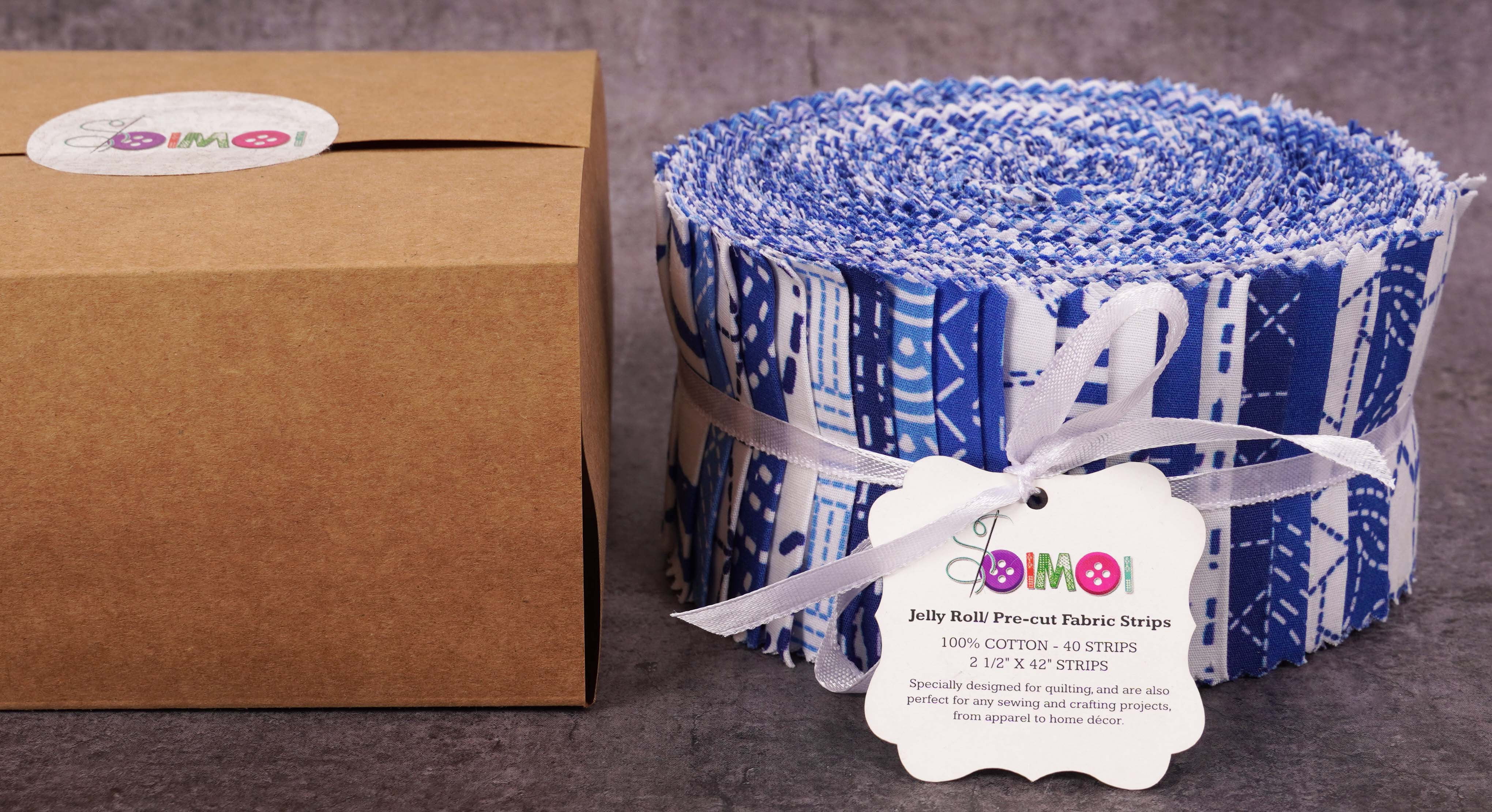 Soimoi 40Pcs Japanese Sashiko Print Cotton Precut Fabrics For Quilting Craft Strips 2.5x42inches Jelly Roll - Medium Blue