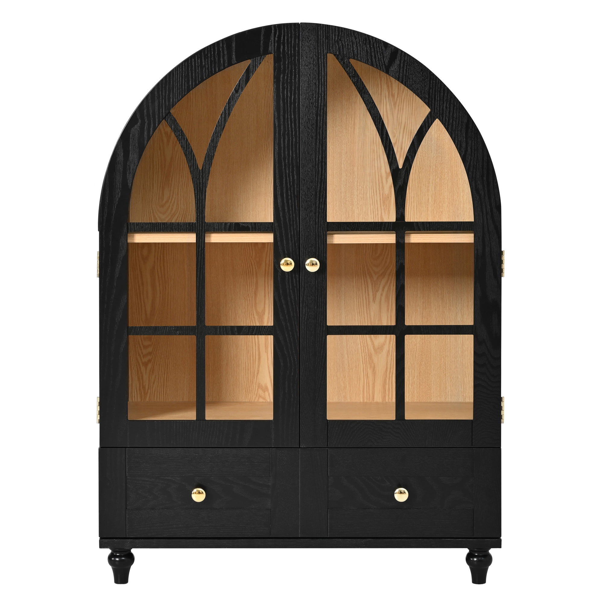 Leumius Arched Display Cabinet with Tempered Glass Doors,Wood Storage Cabinet with Natural Wood Grain Finish, Solid Wood Legs Accent Cabinet with Drawers for Living Room Dining Room Office Black