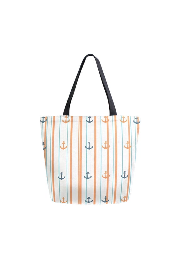 Womens Canvas Tote Bag with Zipper Inner Pocket Shoulder Handbag, Beige Nautical Pattern