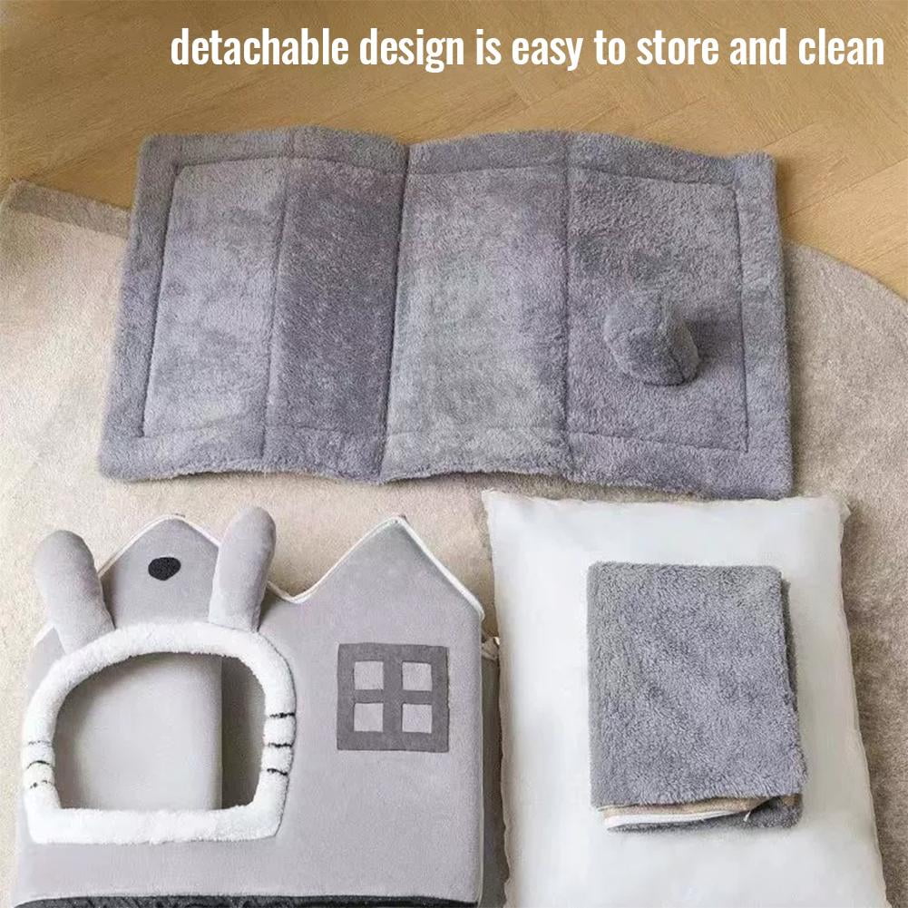 Pekkaxy Foldable Cat Bed, 13 x 12 x 11.8 Inch Gray Cave, Thick Coral Fleece for Indoor Winter Warmth and Security
