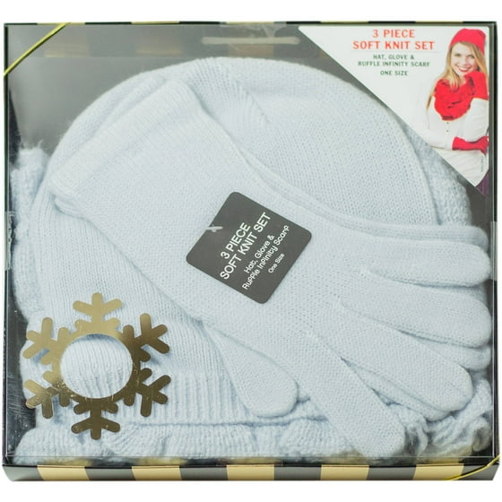 Women's Gift Box Soft Knit Ruffle Scarf, Hat and Glove Set
