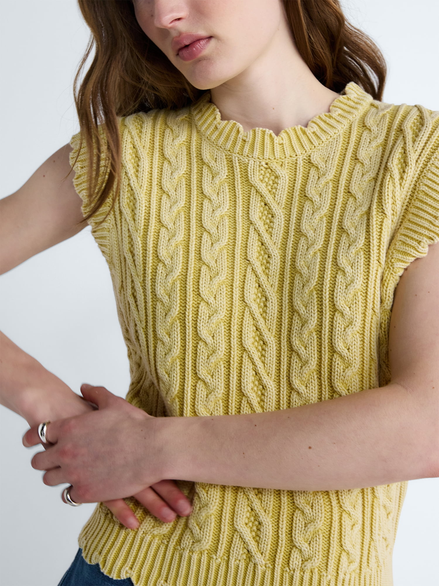 Free Assembly Women's Scalloped Cable Knit Cotton Vest, Sizes XS