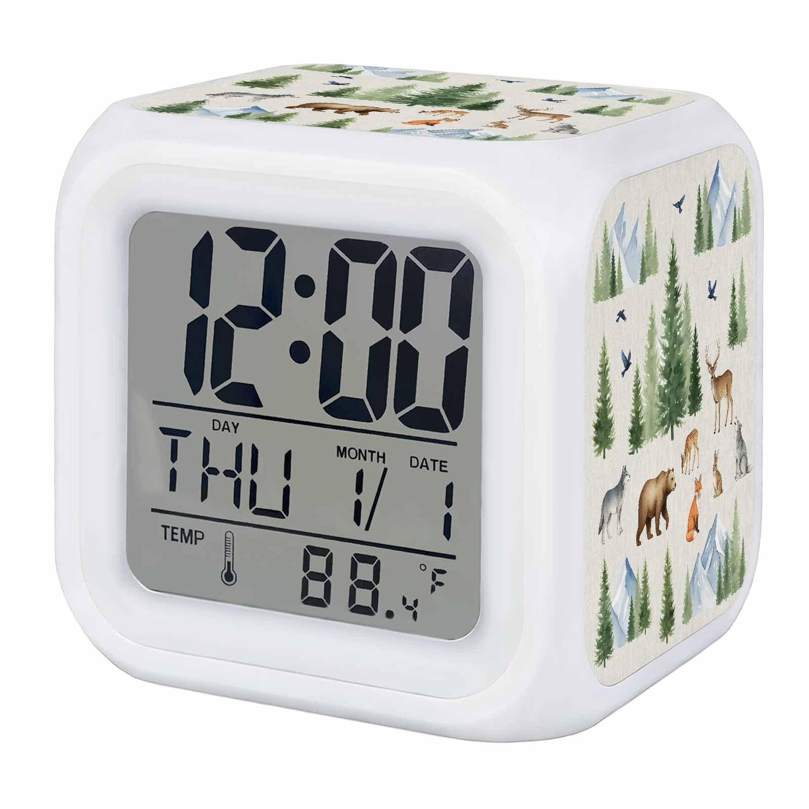 Farmhouse Alarm Clock, Watercolor Bear Deer Rabbit Rustic Wolf Fox Natura Digital Clock Night Light