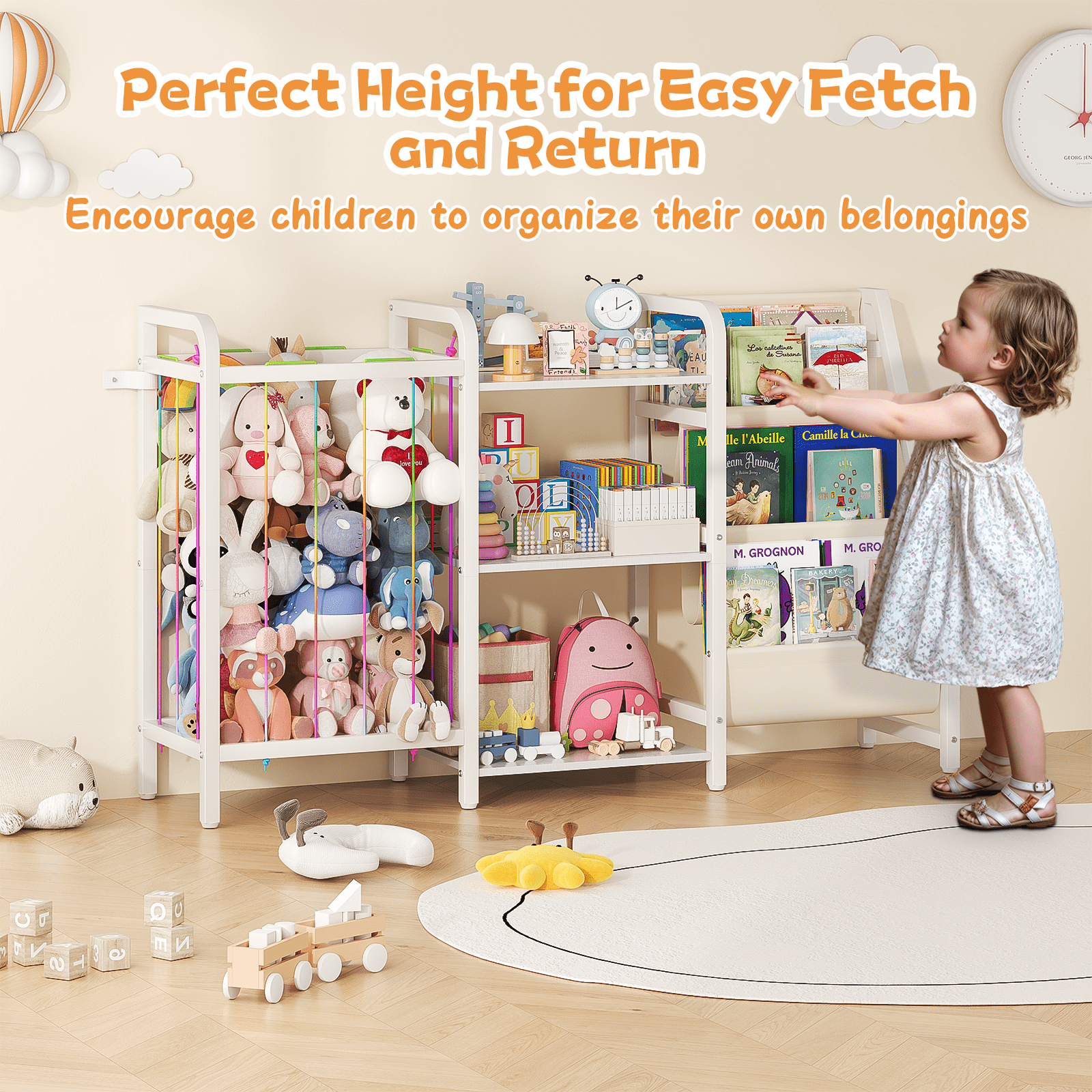 B1 Bookshelf and Toy Storage, 3-Tier Book Shelf for Rooms, Sling Baby Bookcase with Stuffed Animal Storage, Montessori Toddler Bookshelf for Nursery, Bedroom, Playroom Burlywood
