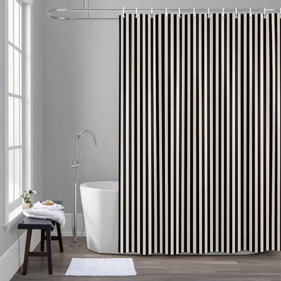 Simple White Striped 60x72 Inches Waterproof Shower Curtain, Black Stripe Vintage Linen Texture Bath Curtain Set with 12 Hooks Washable Shower Curtains for Bathroom Bathtub Decor