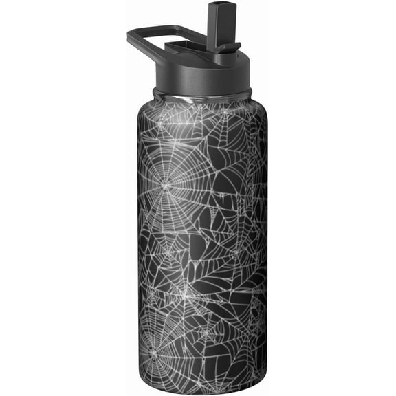 Halloween Water Bottle 32oz Spider Web Sports Bottles with Flip Straw Halloween Gifts for Women Men Stainless Steel Cup Tumbler Spooky Gift for Adults