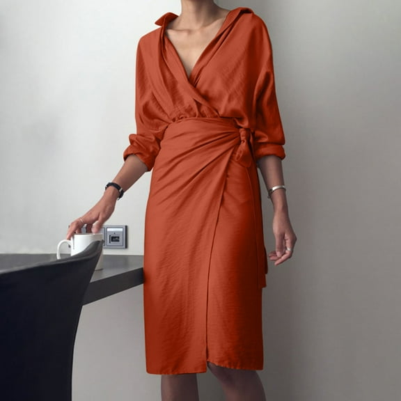 Summer Saving Clearance AXXD Women Fall Dresses,Women's New Autumn Irregular Pack Hip Strap Dress V-neck Long Sleeve Solid Color Dress