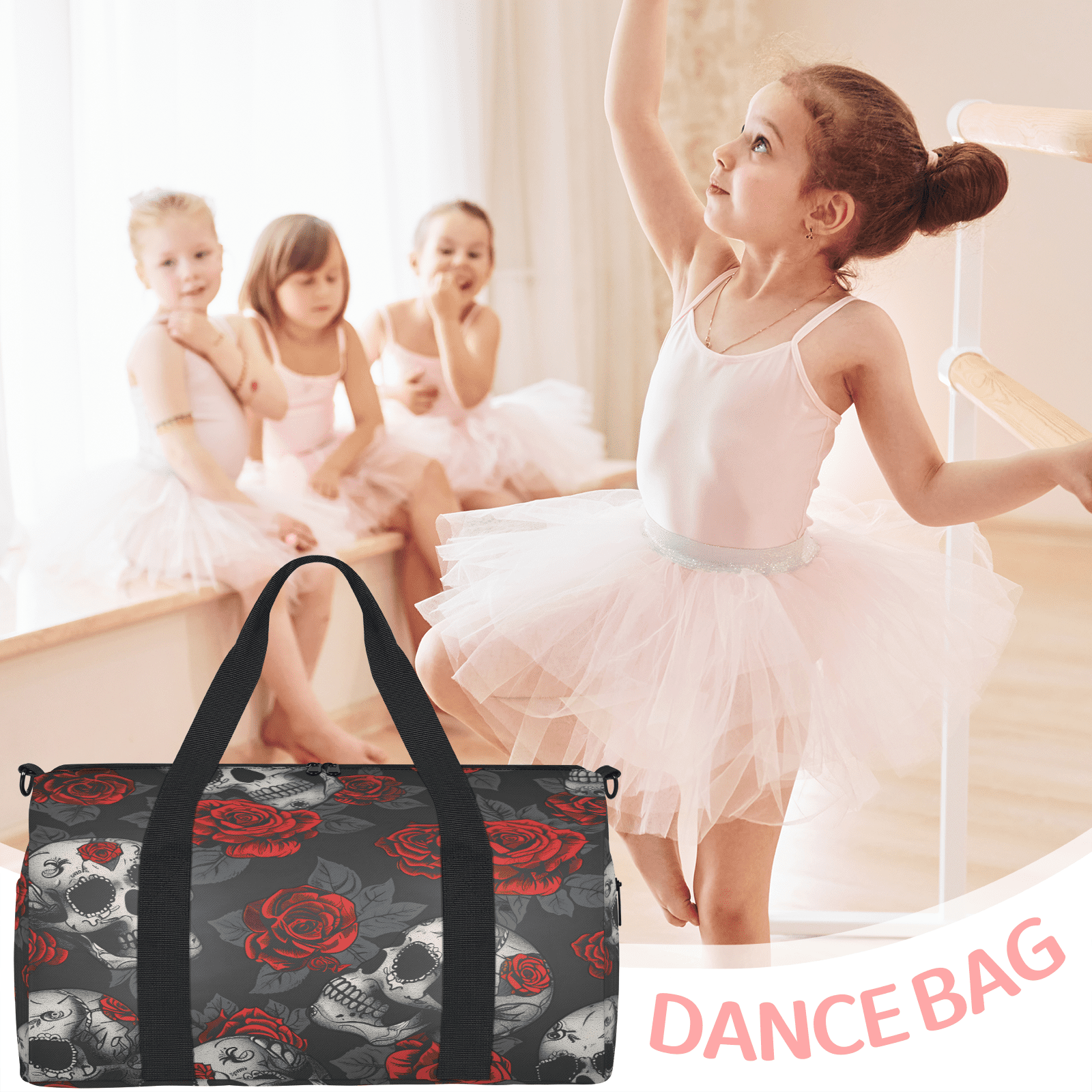 Herdesigns Skulls And Roses Gym Bag for Women, Duffle Bag for Travel Sport, Lightweight Waterproof Carry on Weekender Overnight Dance Yoga Workout Bags