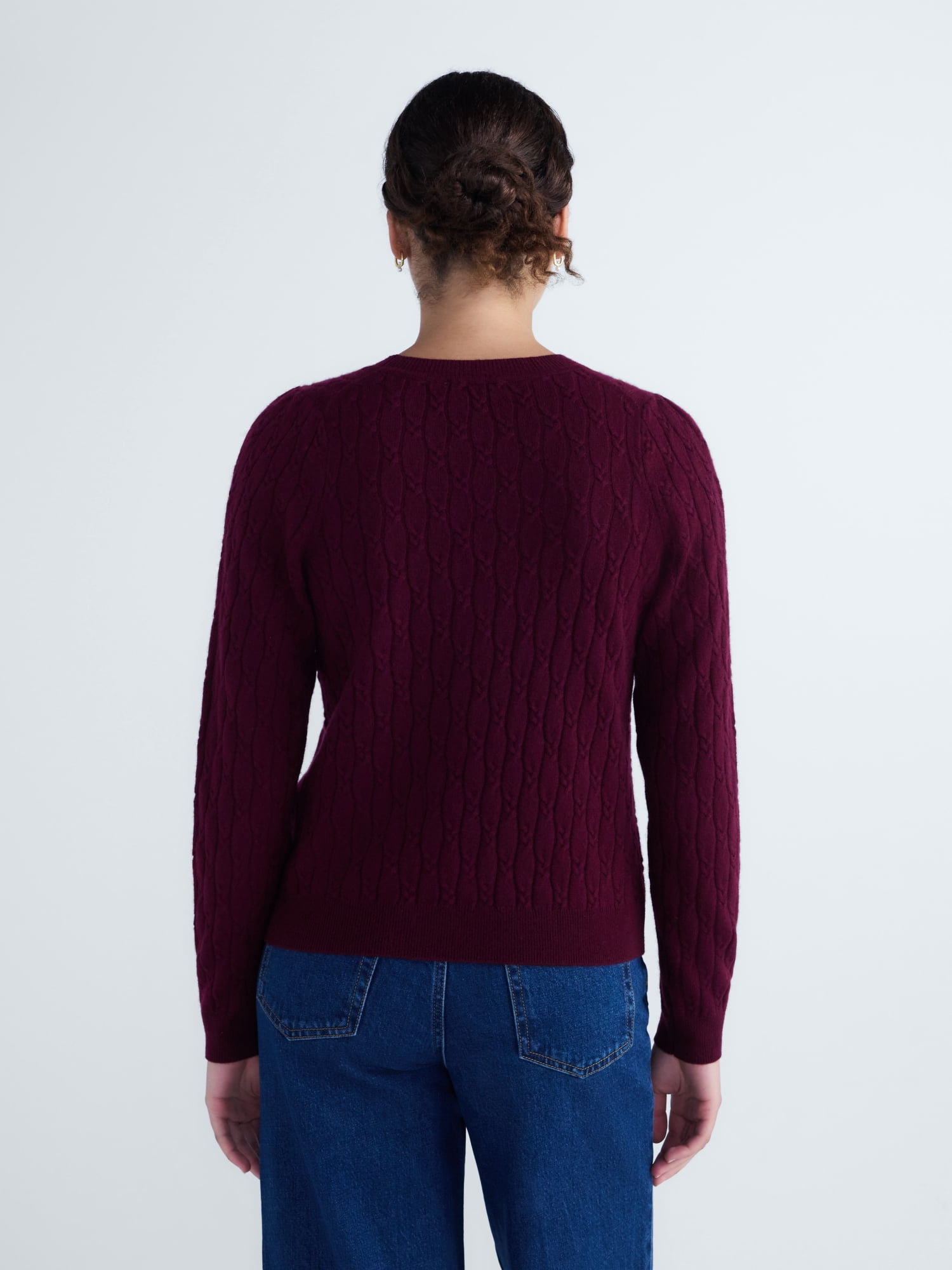 Free Assembly Women's and Women's Plus Cashmere Cable Knit Sweater with Puff Sleeves, Midweight, Sizes XS-4X