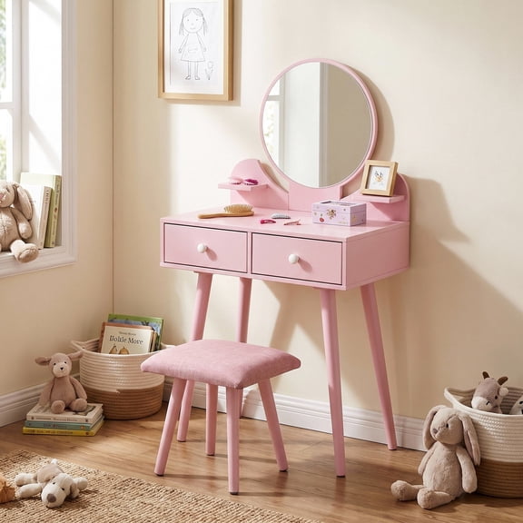 TLSUNNY Kids Vanity Set with Mirror, Toddler Wooden Makeup Table & Stool with Drawer, Detachable Top, for Girls Age 3-8