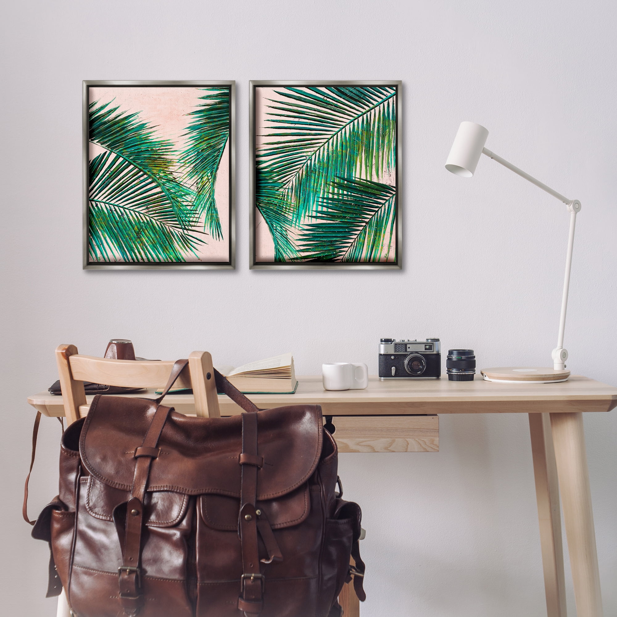 Stupell Industries Tropical Palm Fronds Plants & Flowers Painting Gray Floater Framed Canvas Art Print Wall Art, 17 x 21, Set of 2