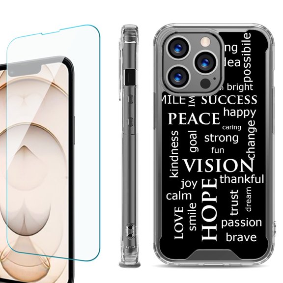 Shockproof Bumper Phone Case for iPhone 13 Pro Max, with Tempered Glass Screen Protector, by OneToughShield ® - Positive Words