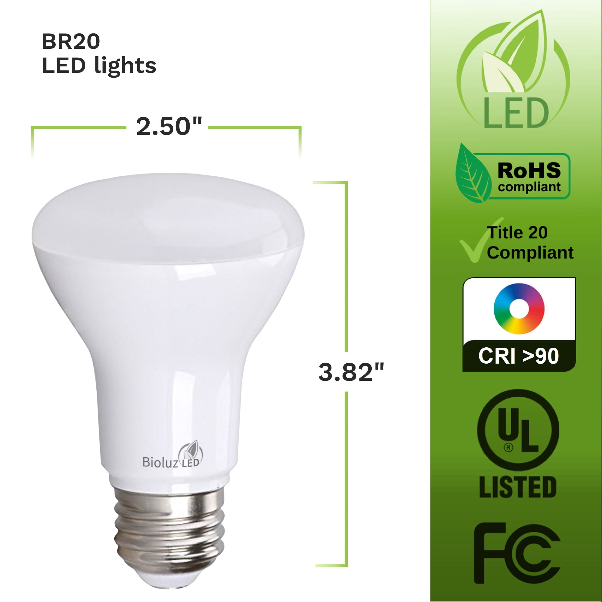 Bioluz LED BR20 LED Bulbs 50 Watt Replacement 90 CRI CEC Title 20 UL Listed Indoor Outdoor Dimmable LED Lamp