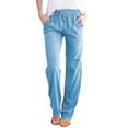 thumbnail image 1 of YFELWZ Womens Plus Size Loose Drawstring Button Casual Wide Leg Long Pants Solid Color Linen Trousers Blue S, 1 of 4
