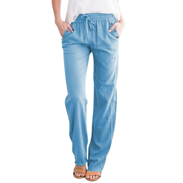 Loose Drawstring Button Casual Wide Leg Long Pants For Women Solid Color Linen Trousers. Ideal For Comfortable Everyday Wear.